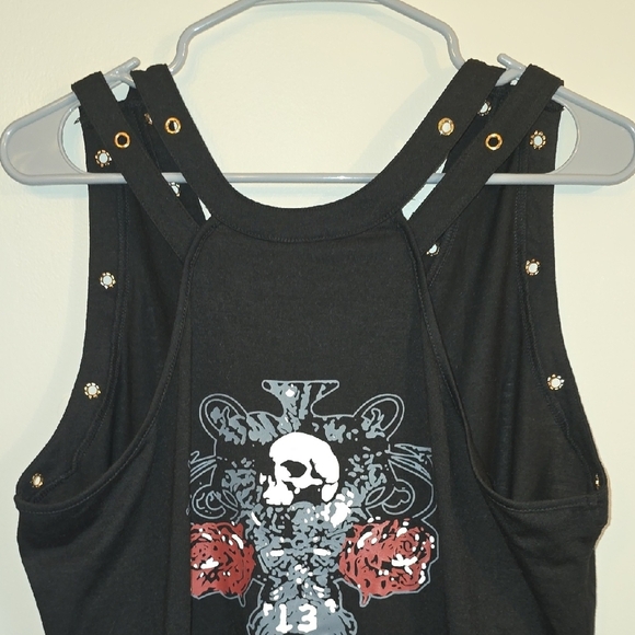 **4/$20 TEES**Black Sleeveless Top with Skull And Rose Design Biker Chick LOT K - Picture 5 of 6